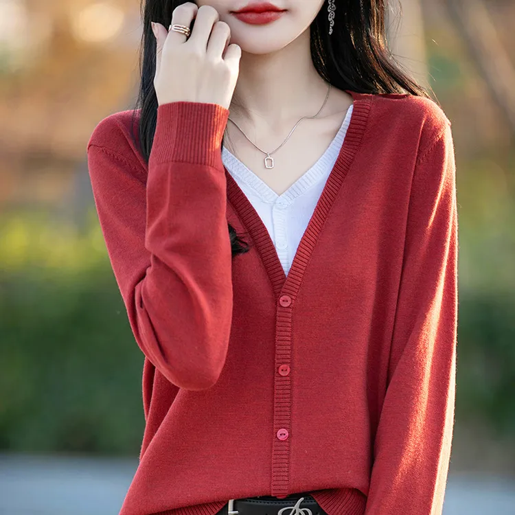 正品哥弟新款春秋精纺绵羊毛开衫女V领假两件毛衣宽松休闲显瘦