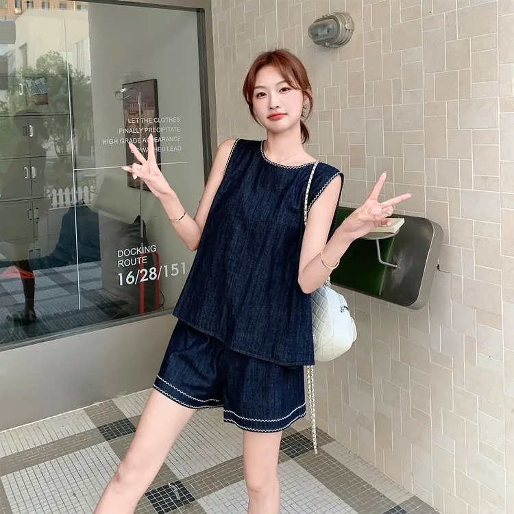 松弛感休闲宽松牛仔背心高腰短裤两件套女夏季新款韩版修休闲套装