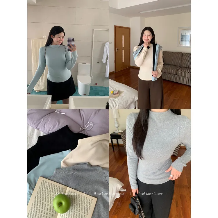 知葵微胖定制【温暖底牌】保暖加厚慕斯绒百搭高领纯色秋冬T恤T1150