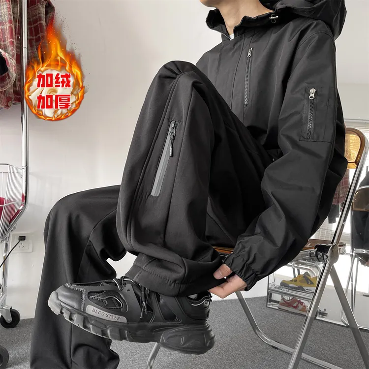 冬季新款加厚硬壳徒步登山防水冲锋裤男士潮流高街美式保暖滑雪裤