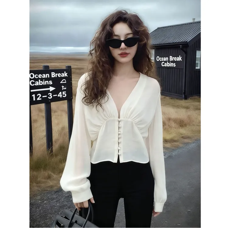 【现货】简约通勤长袖衬衫女2025年秋冬新款气质v领短款衬衣上