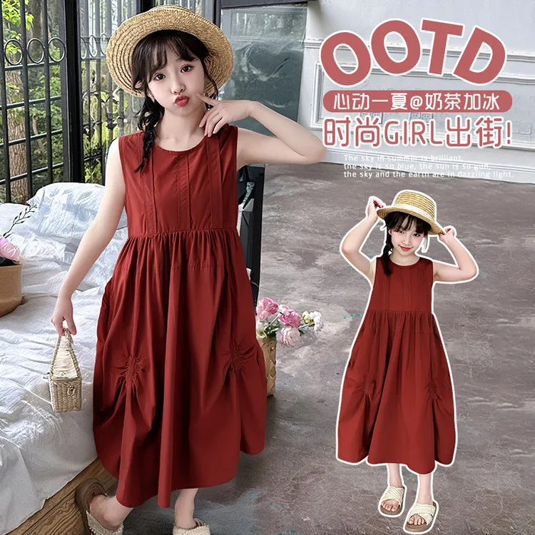 森系女原创设计纯色直筒裙连衣裙公主裙吊带裙夏装洋气童装宽松