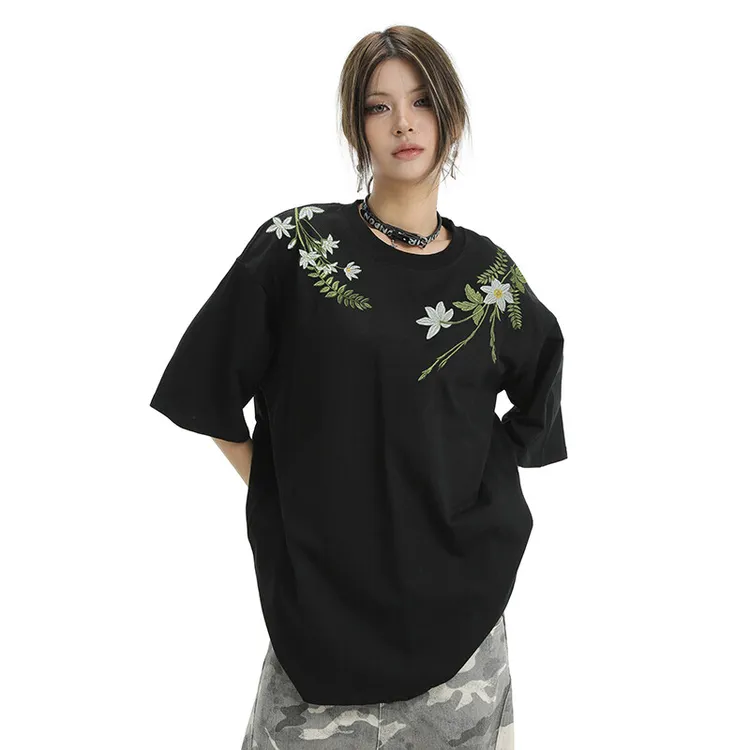 重工新中式夏季潮牌宽松花卉刺绣短袖t恤男女纯棉重磅情侣上衣服