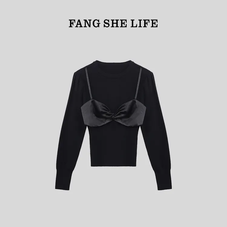 FS LIFE【心电感应】圆领假两件蝴蝶结时尚百搭针织衫A2876JJ