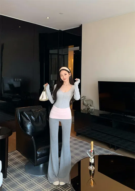 韩女曲线复古V领修身打底外穿上衣+撞色微喇叭长裤套装#A811