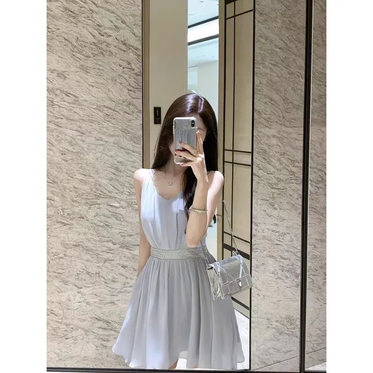 上蓝色岛屿新款夏装收腰短裙气质雪纺裙连衣裙女