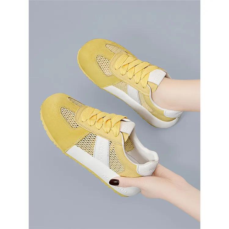 休闲运动透气网面夏季薄款跑步华夫网鞋老爹板鞋黄色阿甘德训鞋女