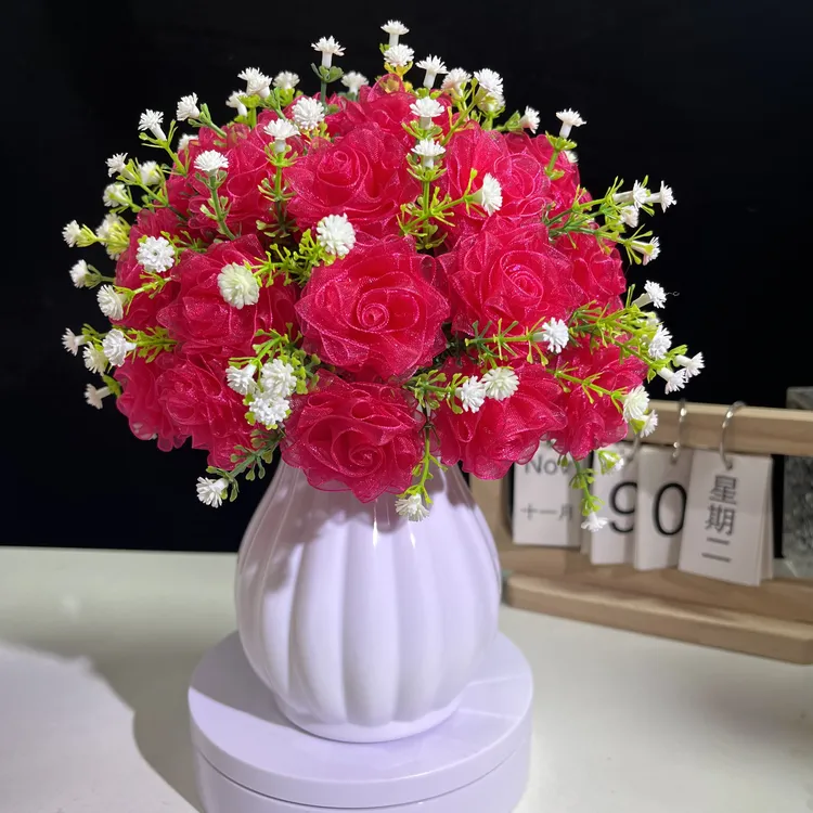 双12特惠【买二单送剪刀】4cm满天星雪纱带玫瑰手捧花花束手工DIY