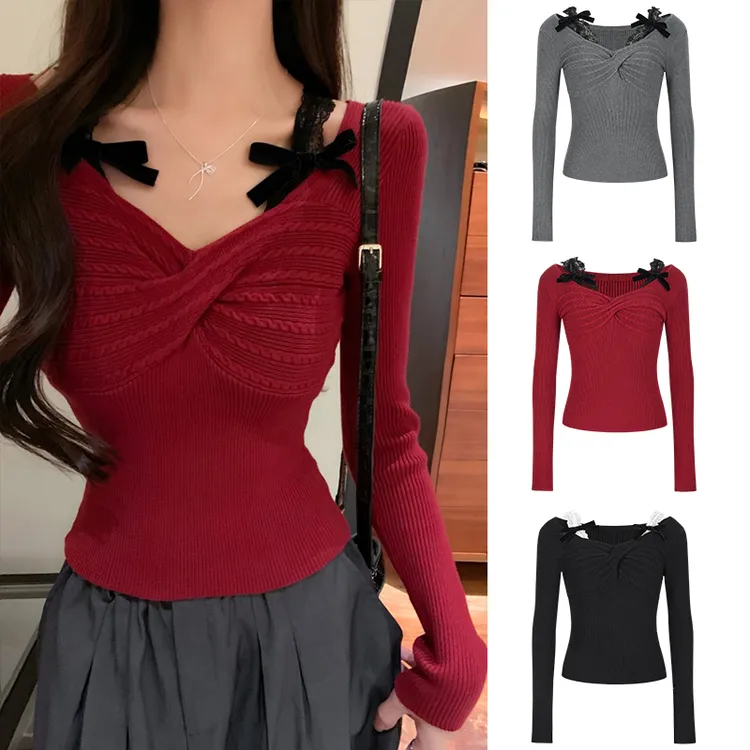Moses Queen/魔西女王纯欲假两件蝴蝶结收腰针织打底上衣女