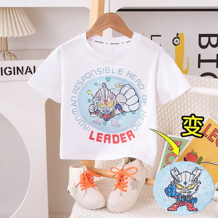 亮片卡通短袖可变脸变色男女童夏季款新品t恤卡通半袖洋气纯棉