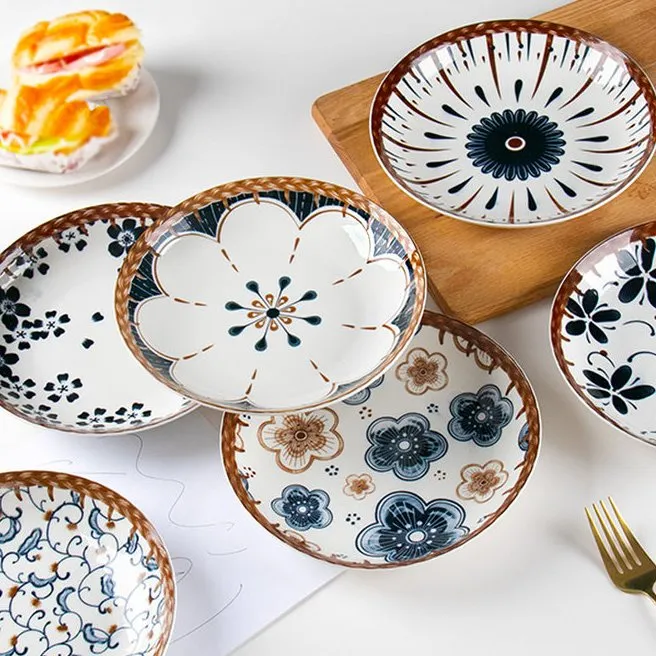 家用8英寸复古田藤蝶花系列深餐盘菜盘藤编网红家用精致盘陶瓷