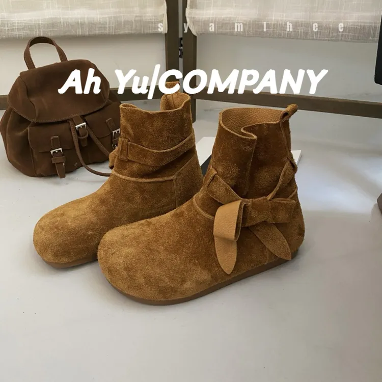 真皮复古短靴女款2025新款美拉德马丁靴蝴蝶结平底勃肯单靴女靴子