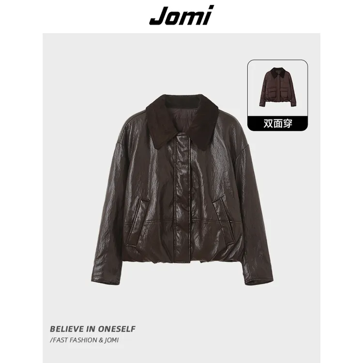 JOMI双面穿2025冬短款鹅绒服女灯芯绒翻领设计感外套