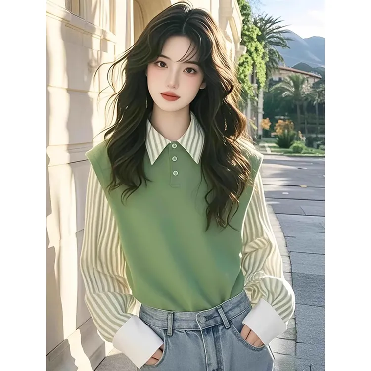 绿色条纹假两件polo领衬衫女春季新款设计感独特绝美休闲长袖上衣