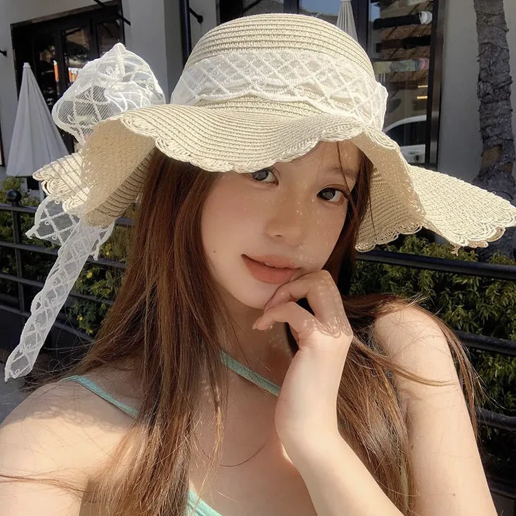 法式波浪边蕾丝结草帽女夏大帽檐太阳帽度假风沙滩海边遮阳帽