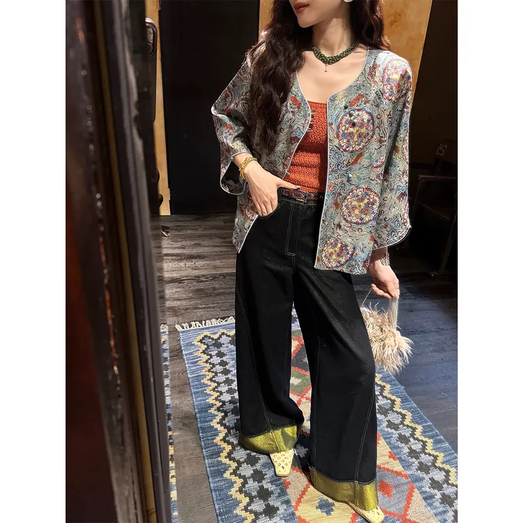 三吉黑花【菘蓝】直筒牛仔裤女2025新款金银丝翻边阔腿宽松小个子