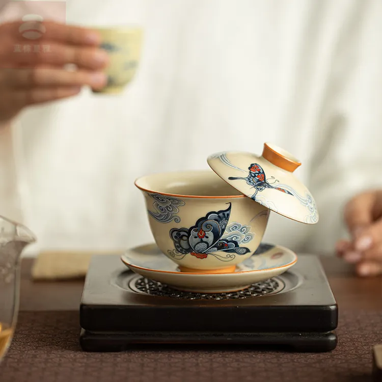 景德镇汝窑云蝶盖碗陶瓷茶具三才盖碗豆黄开片可养茶杯悬停泡茶碗