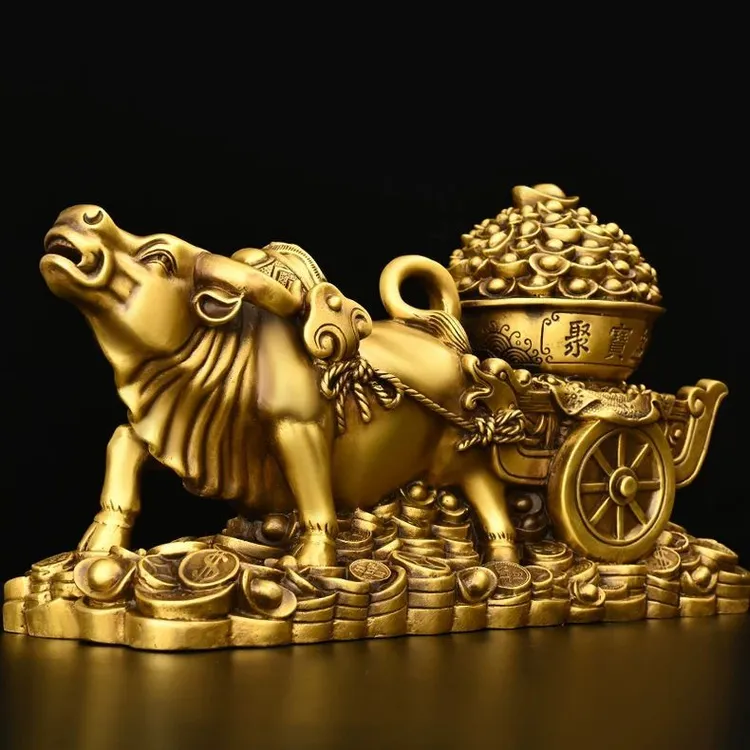 纯铜牛拉聚宝盆摆件牛拉车生肖牛金牛送财客厅办公室门店装饰礼品