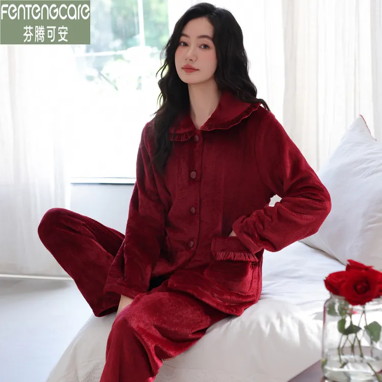 芬腾可安秋冬女款睡衣开衫法兰绒加厚保暖高档加大码珊瑚绒家居服