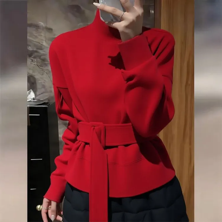 红色高领卫衣女秋冬季时尚高级感减龄休闲风宽松显瘦收腰系带上衣