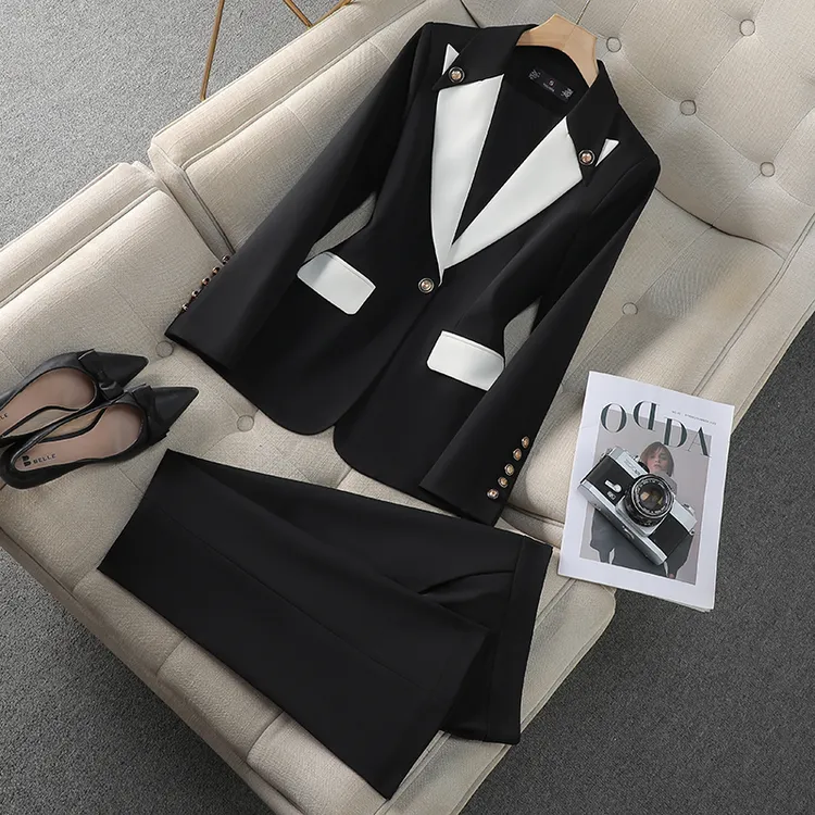 轻奢时尚气质红色西装套装女秋季新款年会主持套装撞色西服礼服女
