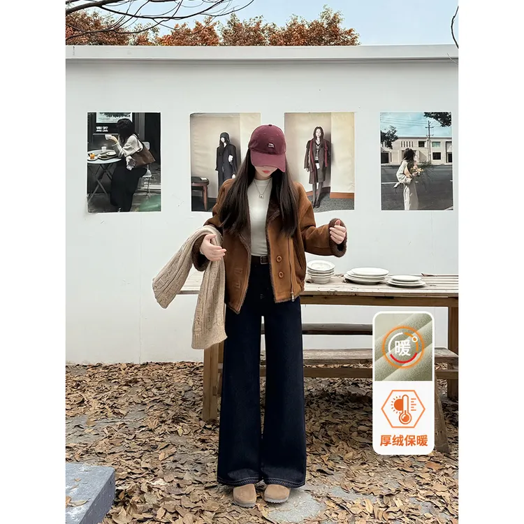 missrococo/洛可可小姐冬季2025加绒加厚保暖阔腿牛仔裤女款百搭
