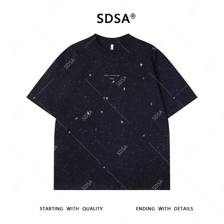 夏季高级感新款男士美式泼墨烫钻短袖T恤时尚轻奢宽松圆领上衣