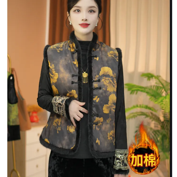 【加棉款】新中式复古缎面提花马甲百搭气质盘扣中国风马夹秋冬马甲