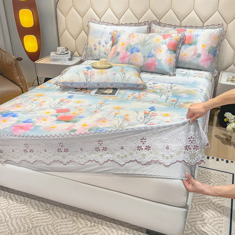 A类冰丝炭光凉席数码印花床笠席花边防尘夏季清凉空调席软席床罩