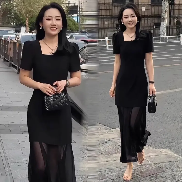 拉夏贝尔赫本风黑色连衣裙女夏季新款时髦显瘦网纱拼接气质小黑裙