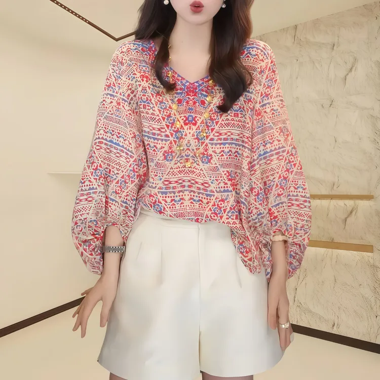 定位印花拼色宽松上衣2025夏季度假风上衣基础款穿搭搞定设计款
