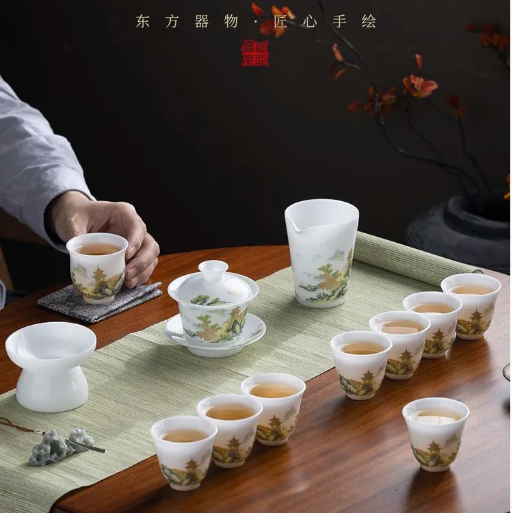 薄胎手绘白瓷羊脂玉瓷禅定壶盖碗功夫茶具套装高端礼盒装高档家用