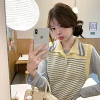 气质风韩系新款撞色条纹洋气针织马甲减龄翻领女装上衣