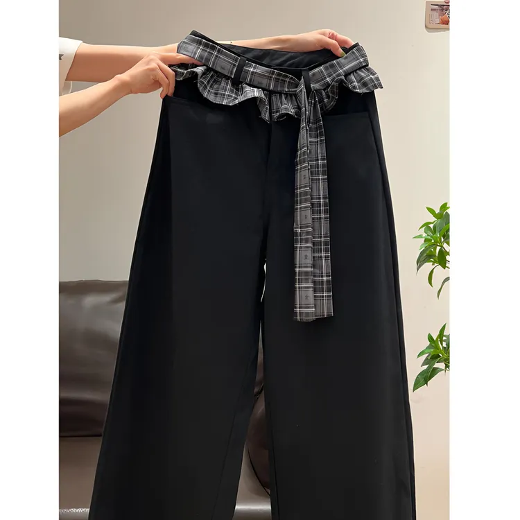 黑色高腰宽松阔腿裤女2025春秋季格子木耳边拼接配系带直筒裤长裤
