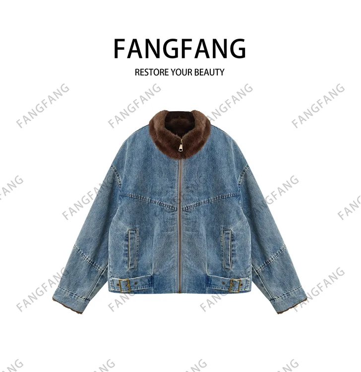F.F短款女冬季短外套秋冬洗水软牛仔外套加厚韩版拼接女款2111