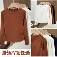 秋季新款胖MM宽松长袖T恤显瘦打底衫女褶皱设计感百搭上衣