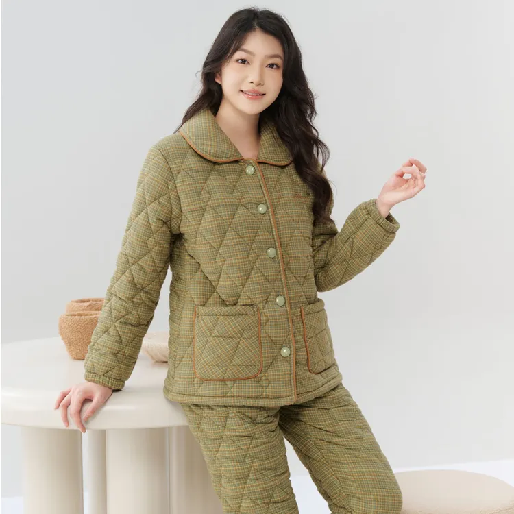 姬玛冬季三层加绒加厚夹棉保暖女士家居服套装259376