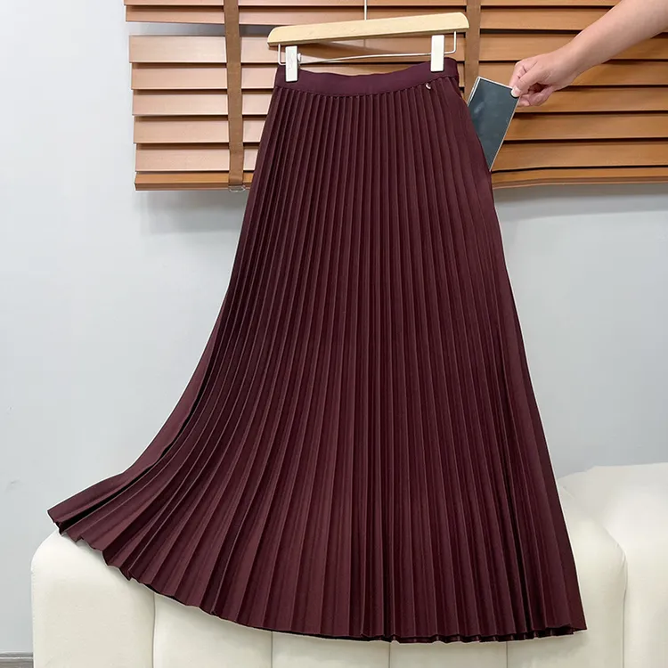 冬款百褶裙带口袋毛呢长裙秋冬半身裙女A字裙百搭中长款厚款裙子