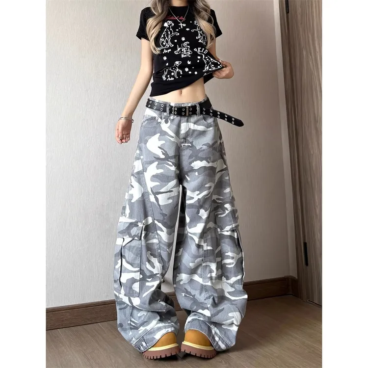 欧美复古白迷彩阔腿工装裤女夏潮流宽松设计感嘻哈hiphop弯刀裤子