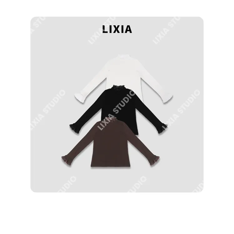 LIXIA【好莱坞】时尚荷叶边设计舒适含天丝含羊毛圆领上衣-D10020