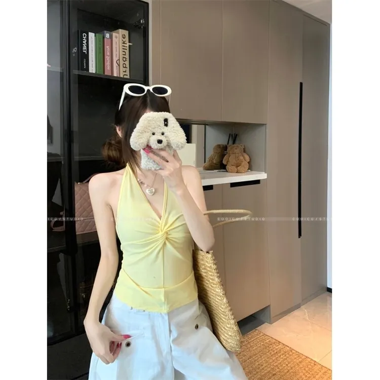 设计感纯色V领扭结挂脖背心女夏季修身显瘦百搭上衣
