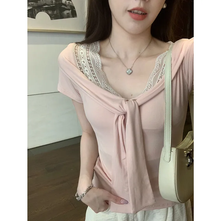 法式v领蕾丝拼接蝴蝶结绑带短袖T恤女夏季新款小众设计感正肩上衣