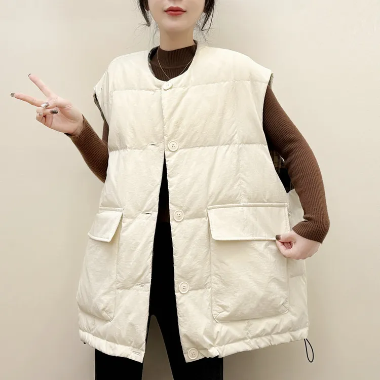 欧洲站休闲中长款白鸭绒马甲女2025年春秋新款大口袋马夹背心外套