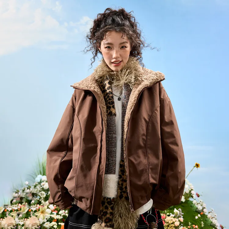 Nuthink美式复古潮牌翻领羊羔绒飞行员夹克羽绒服男女2025冬新款