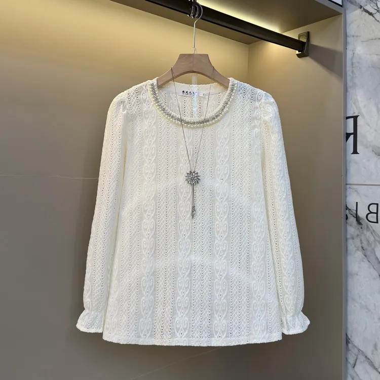 洋气时尚2025欧货圆领钉珠镶钻重工镂空设计感气质显瘦上衣7751