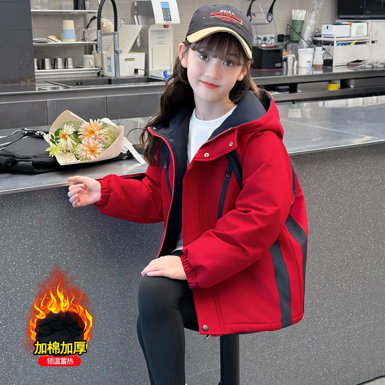 女童秋冬儿童外套中大童连帽夹棉风衣洋气休闲保暖上衣潮二棉款