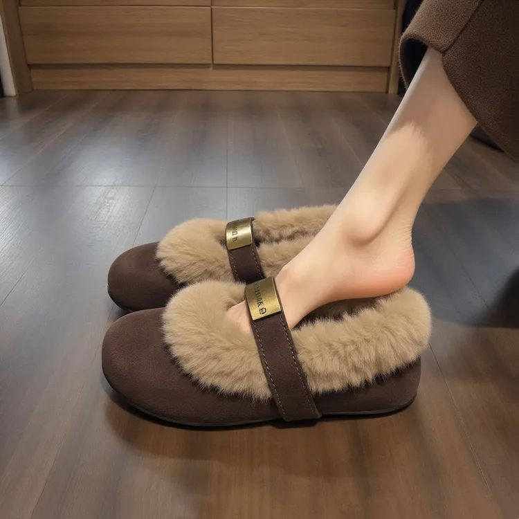 【水貂绒】毛毛鞋女2025新款冬季金属扣加绒保暖配裙子玛丽珍棉鞋