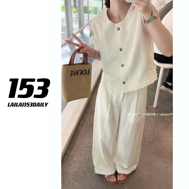 【153的日常】韩系花边棉麻套装气质时尚复古宽松休闲25XK6745