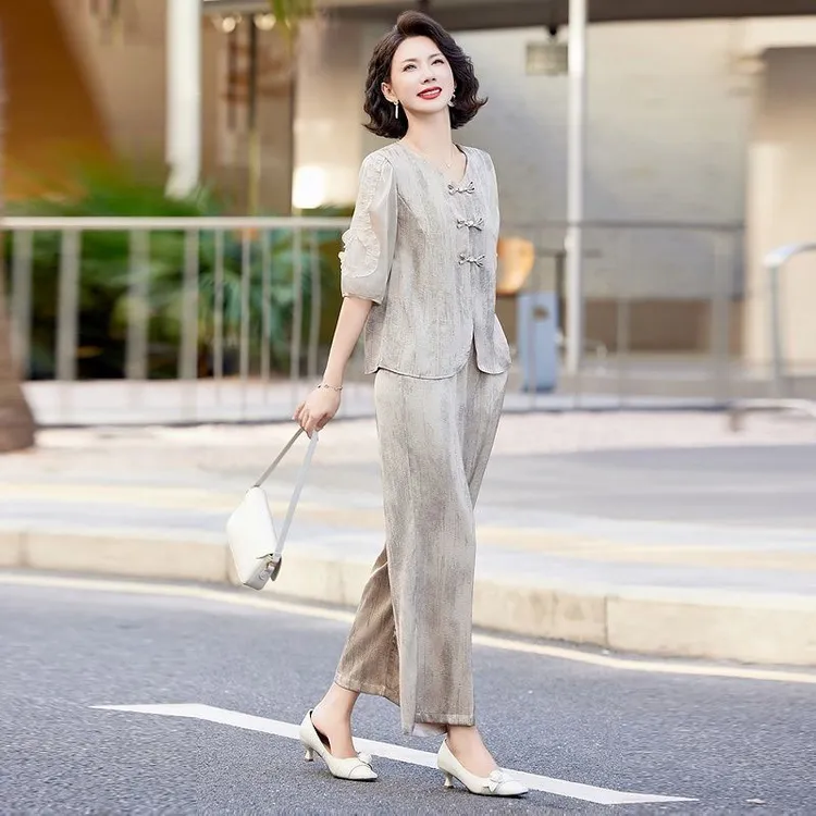 王小鸭2025夏季新款中式妈妈上衣裤子两件套装中老年气质时尚洋气