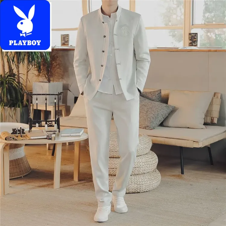 花花公子休闲套装男士长袖年春季款唐装中国风中山装